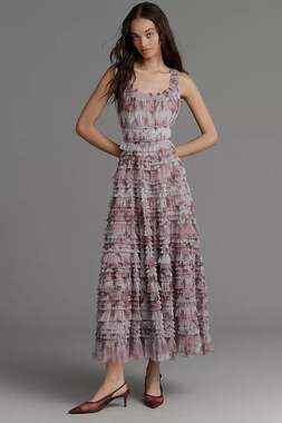 Anthropology Mac Duggal Tiered Ruffle Floral Midi Dress Purple Multi Size 4 NWT